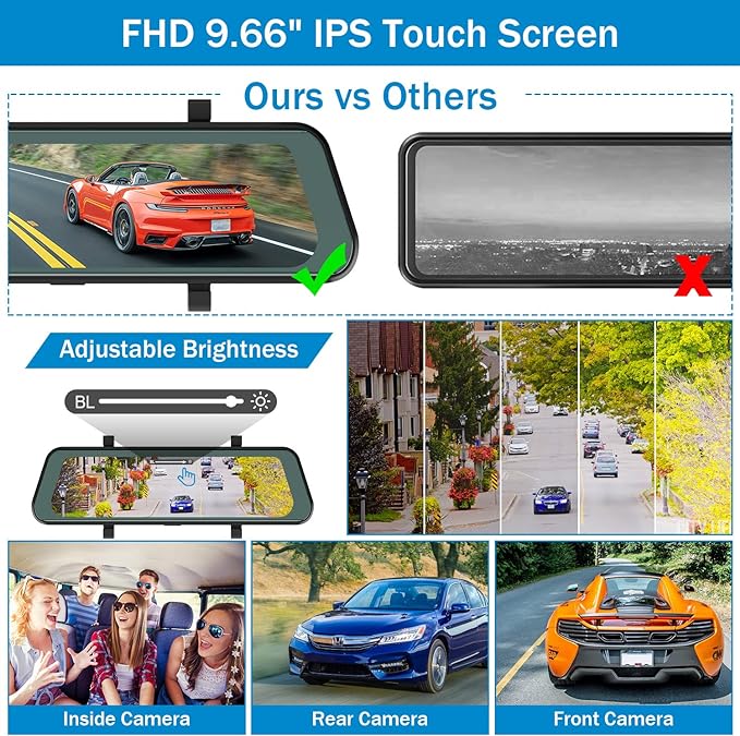 Universal 3 Cam DVR Dash camera 9.6 inch touch screen Rear View Mirror Camera Front Cam and Detached 360° in-Car Camera with Loop Recording, G-Sensor