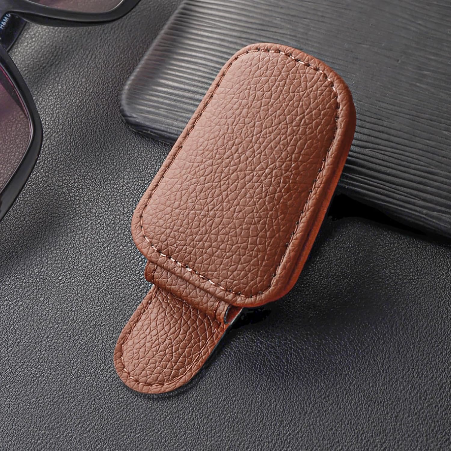 Universal Car Magnetic Sunglass Holder Magnetic Soft PU Leather Sunglass Holder Accessories For Car 1 Pc (Brown)