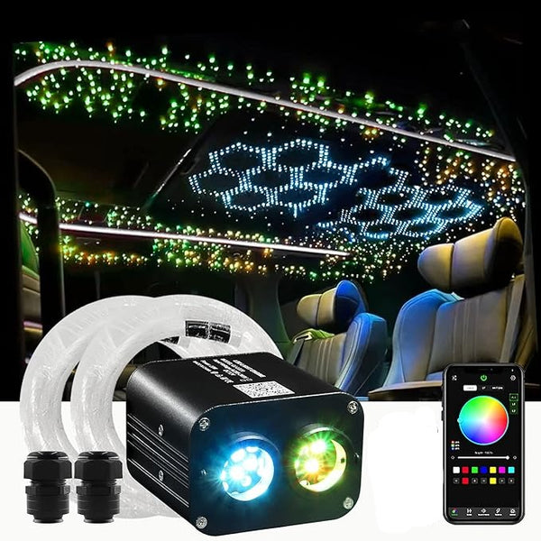 Liuhawk Double Head Galaxy Fiber Optic 9.5ft Starlight Headliner Kit 900 pcs 0.5mm & 900 Pcs 0.5mm with 100 pcs 1mm Meter Shooting Star, Sound Activated Remote APP Control CAR And HOME Roof Decor