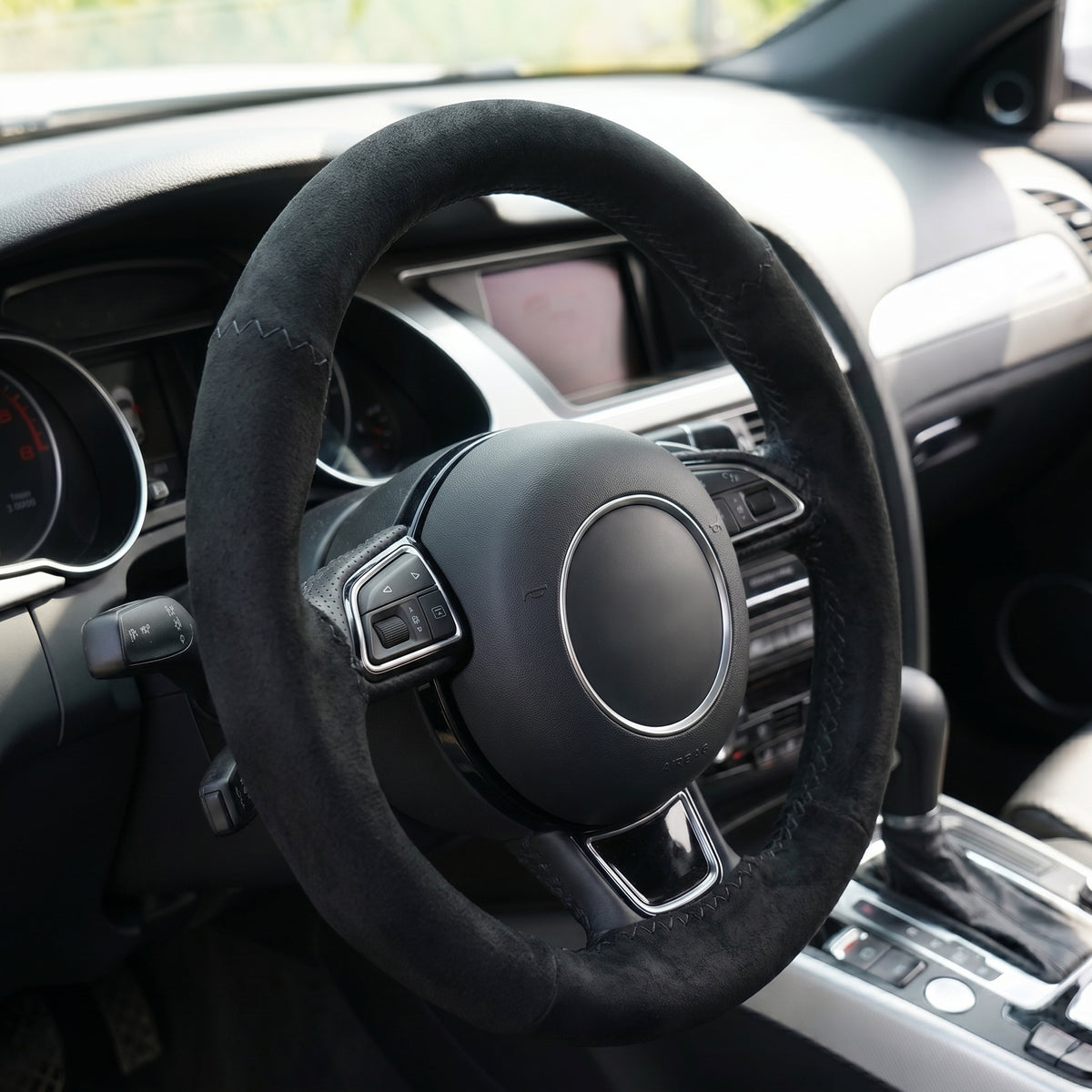 Universal Hand sewing Top Alcantara Steering Wheel Cover 1 Pc (Black)