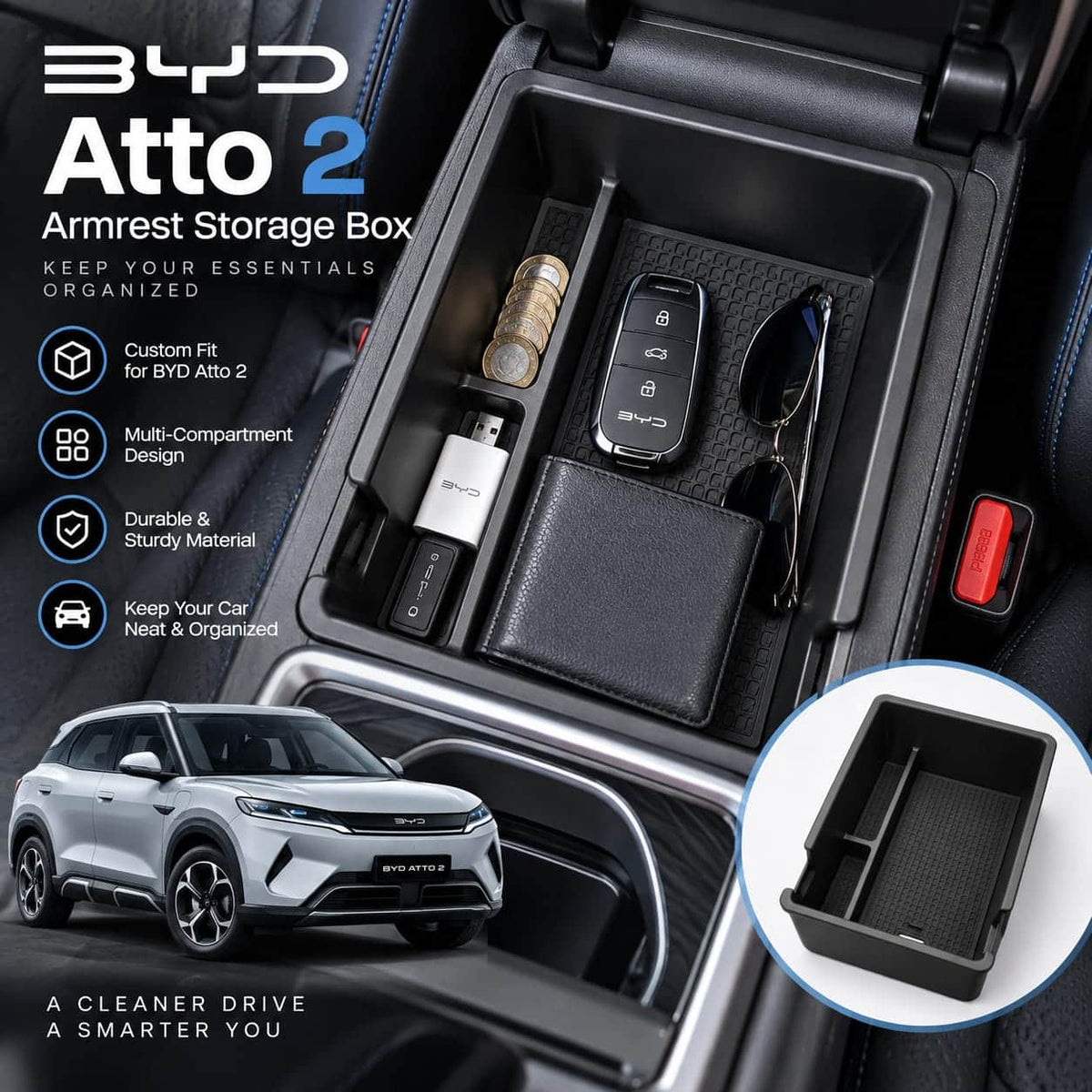 BYD Atto 2 Armrest Storage Box With Non-Slip Rubber Mats
