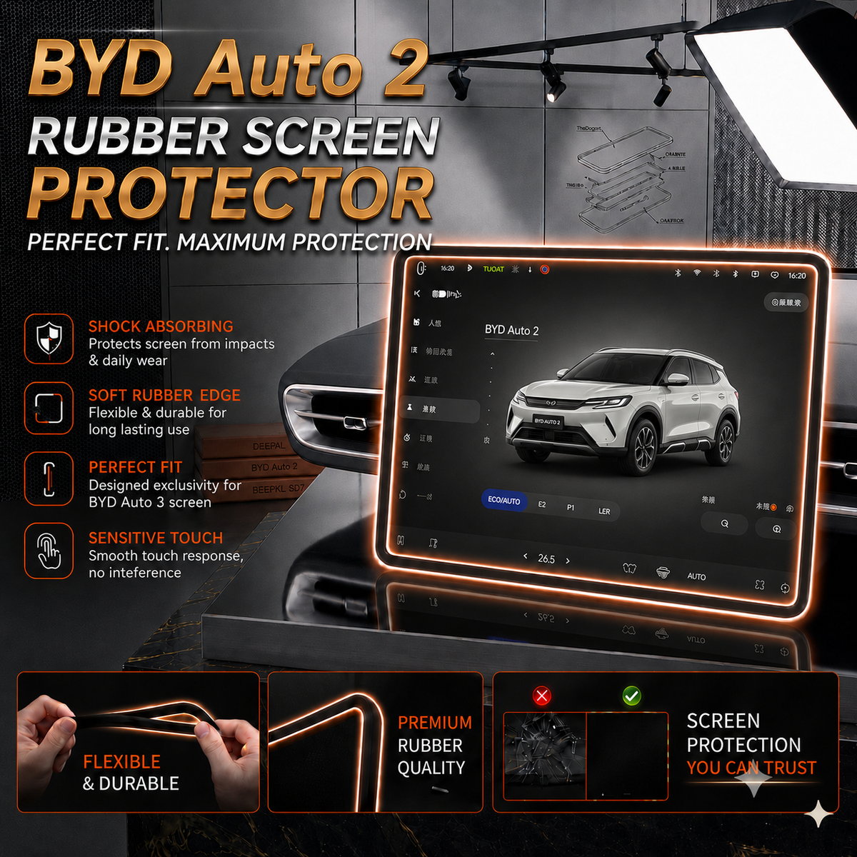 BYD Atto 2 Display Screen Silicone Rubber Protection LCD Edges Protector (Black)