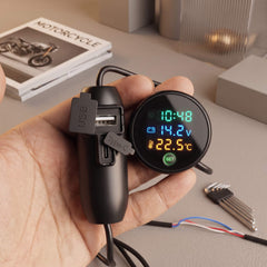 Bike Digital Clock 5 In 1 Time/Stop Watch With Voltmeter-Temperature Gauge Dual USB Charger Waterproof