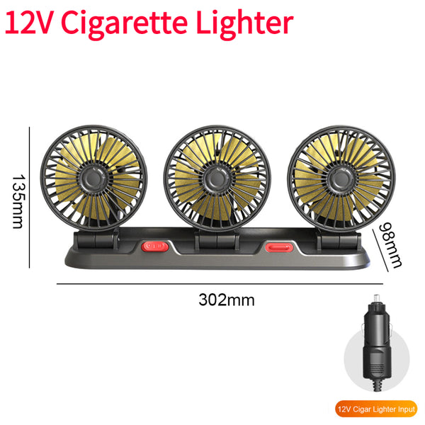 Portable Fan 360° Triple Head Rotating With Adjustable 180° Up Down For Car / Truck Van Cigarette Lighter Knob Operated