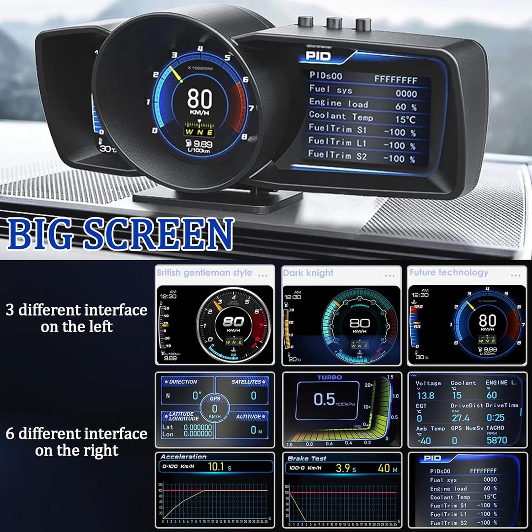 Custom Auto Display Car A600 HUD Display, OBD2+GPS Smart Gauge HD 3 LCD Screen Display Adj ...