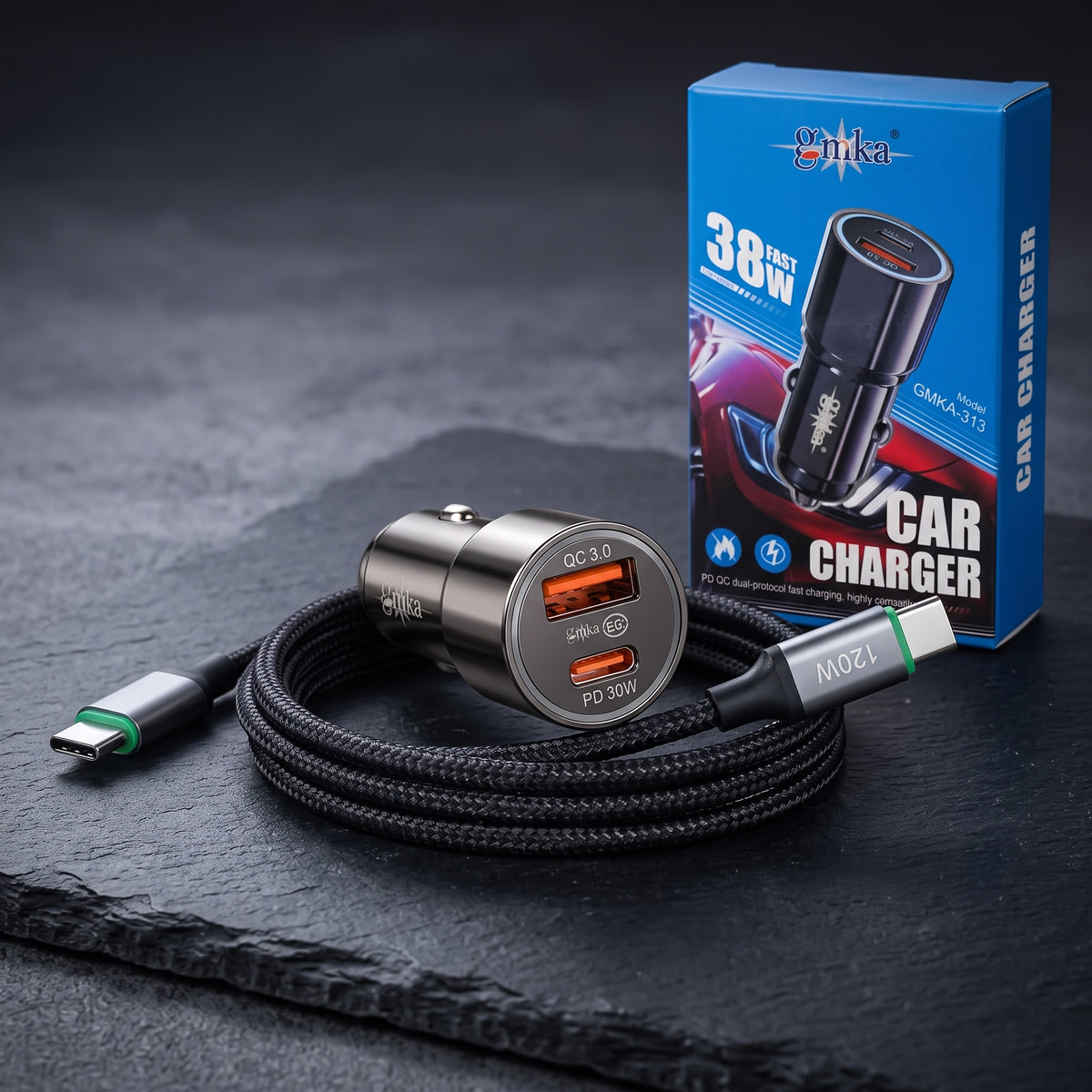GMKA Super Fast Car Charger 30W PD 3.0 QC Power Quick Charge With 120W Charging Cable For Car