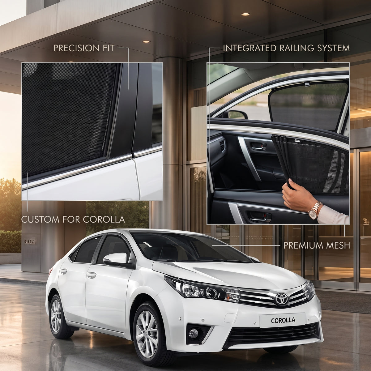Toyota Corolla 2015-2025 Elite Series Car Window Railing Privacy Curtains Sun shades UV Rays Protection Blinds (4 Pcs)