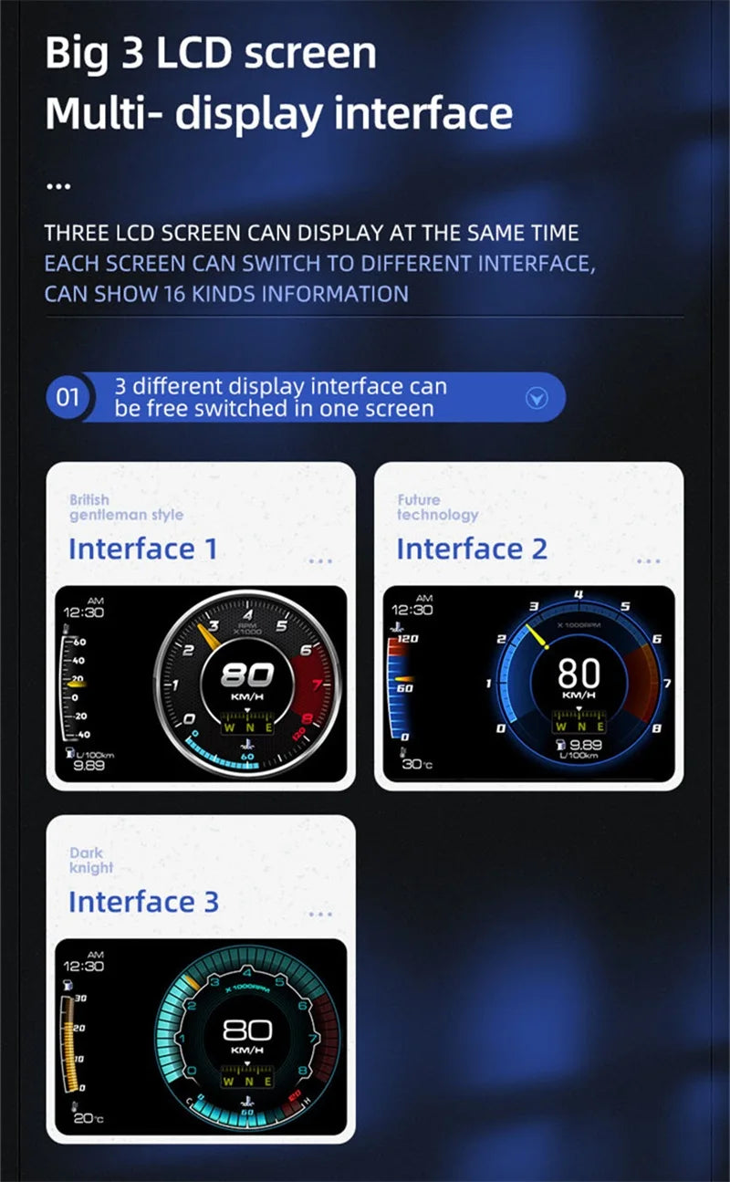 Car A600 HUD Display, OBD2+GPS Smart Gauge HD 3 LCD Screen Display Adjustable Bracket, Speed KM/H RPM Voltage Car Digital Speedometer For All Cars With OBD