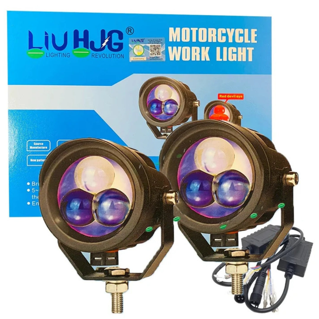 1 Pc HJG 120W 3 Lens Projector Fog Lights Dual Color With Devil Eye Function For All Bikes, Cars - Jeep