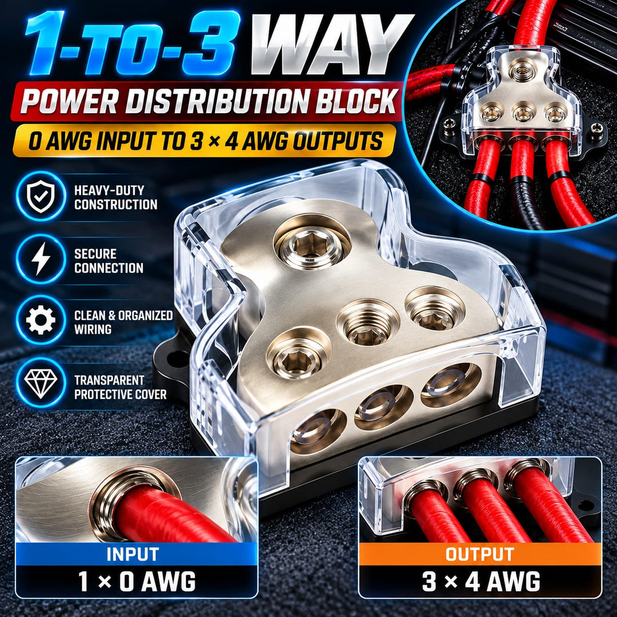 Heavy-Duty 1-to-3 Power Distribution Block – 0 AWG to 3×4 AWG Car Audio Amplifier Power Splitter