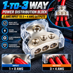 Heavy-Duty 1-to-3 Power Distribution Block – 0 AWG to 3×4 AWG Car Audio Amplifier Power Splitter