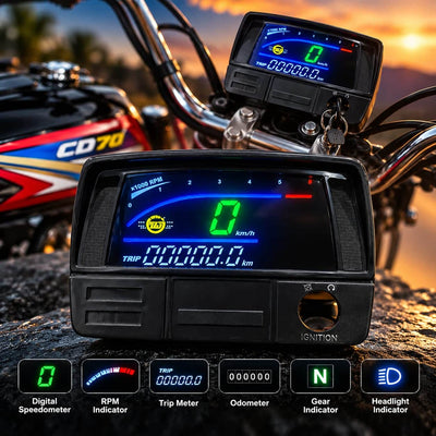Honda 70 Bike Digital Speedometer with LED Indicator, Dual Odometer & Tachometer