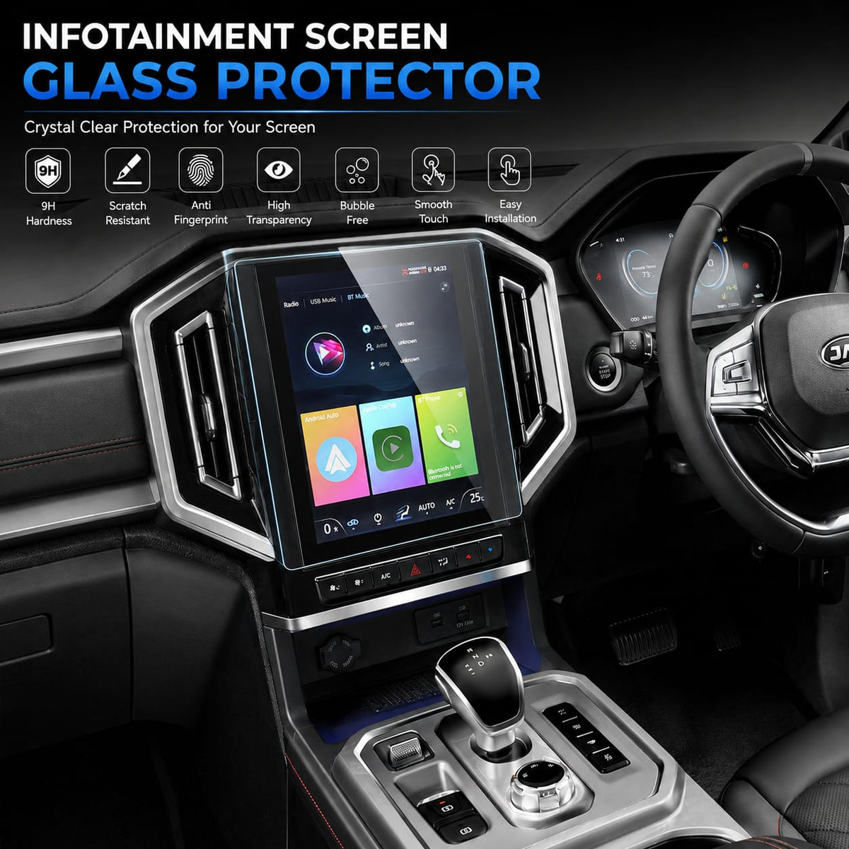 Jac T9 Hunter Transparent Car LCD Screen Glass Protector In Premium Quality