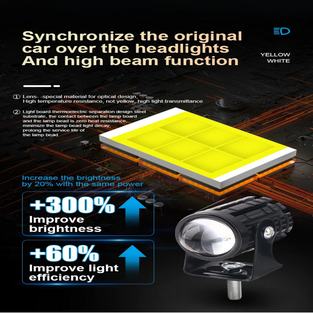 2 Pcs Set Mini Driving Fog Lights, Motorcycle Auxiliary Spot Lights High Low Beam White / Yellow With Free Switch