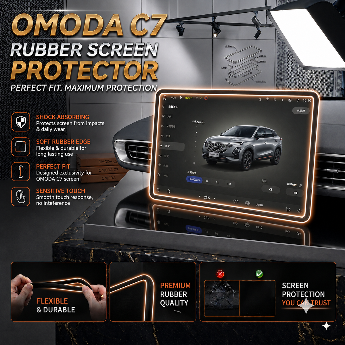 Omoda C7 Display Screen Silicone Rubber Protection LCD Edges Protector (Black)