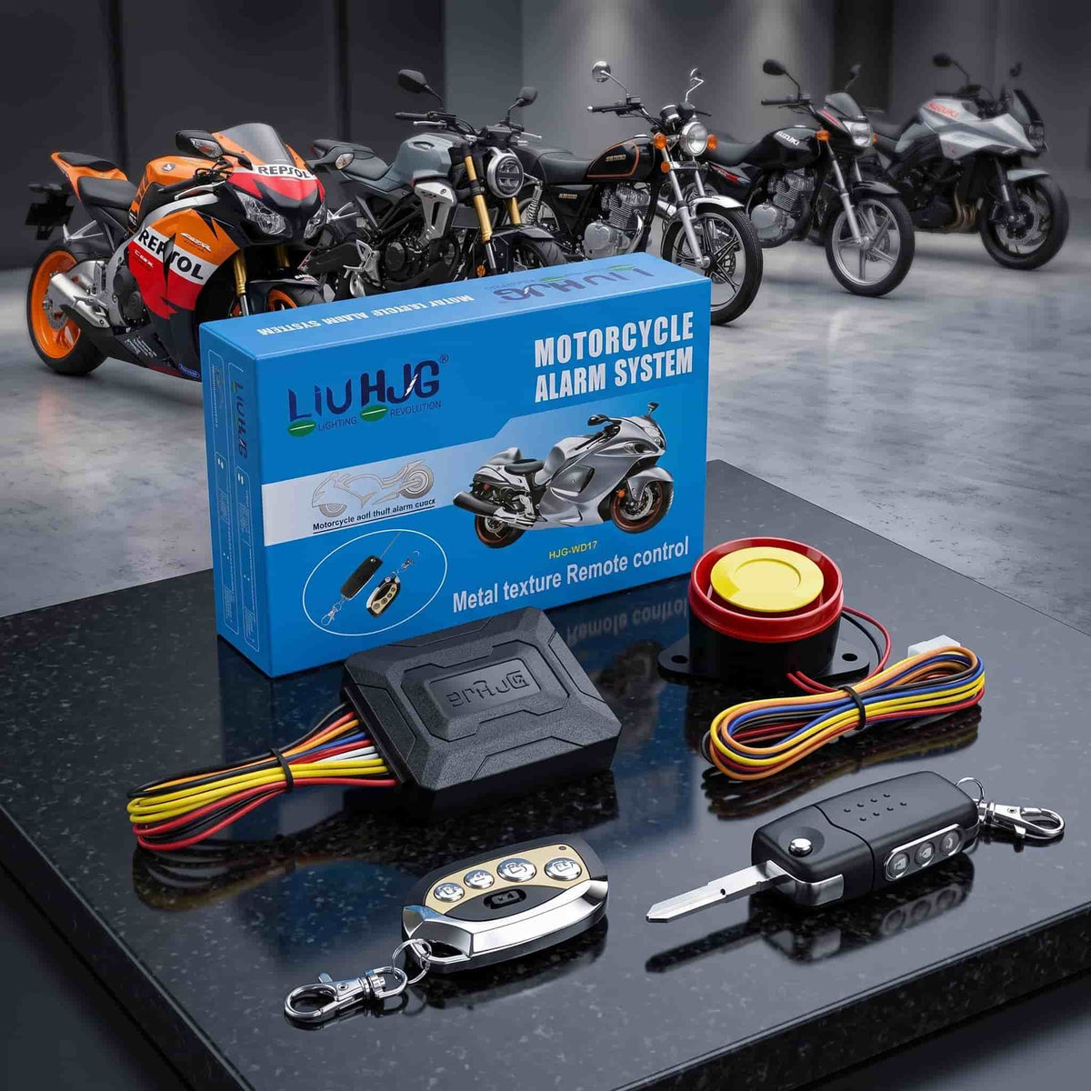 Premium Quality HJG Motorcycle Remote Security Alarm System For Bike Motorcycle Self Starter Bikes With Remote Key