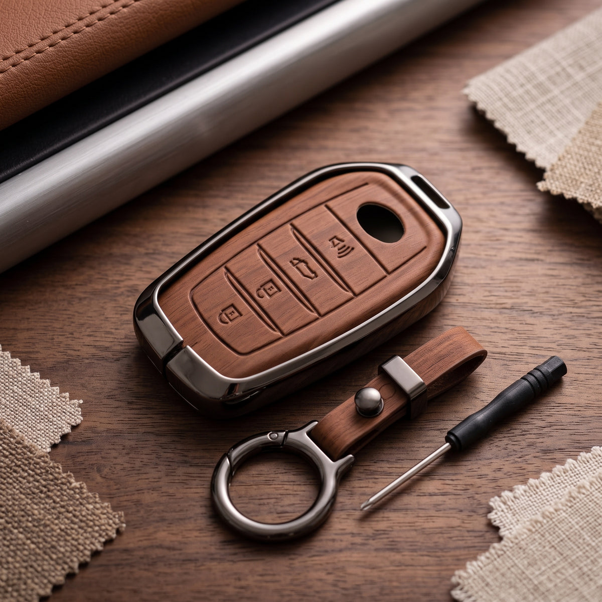 Fortuner 4 Button Elite Series Metallic Car Key Case Luxury Zinc Alloy Protection Case(Brown)