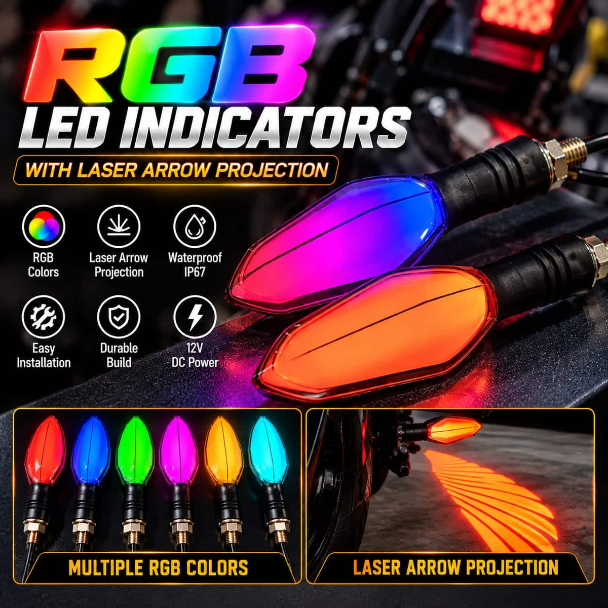 RGB LED Motorcycle Indicators with Laser Arrow Projection 2pcs set