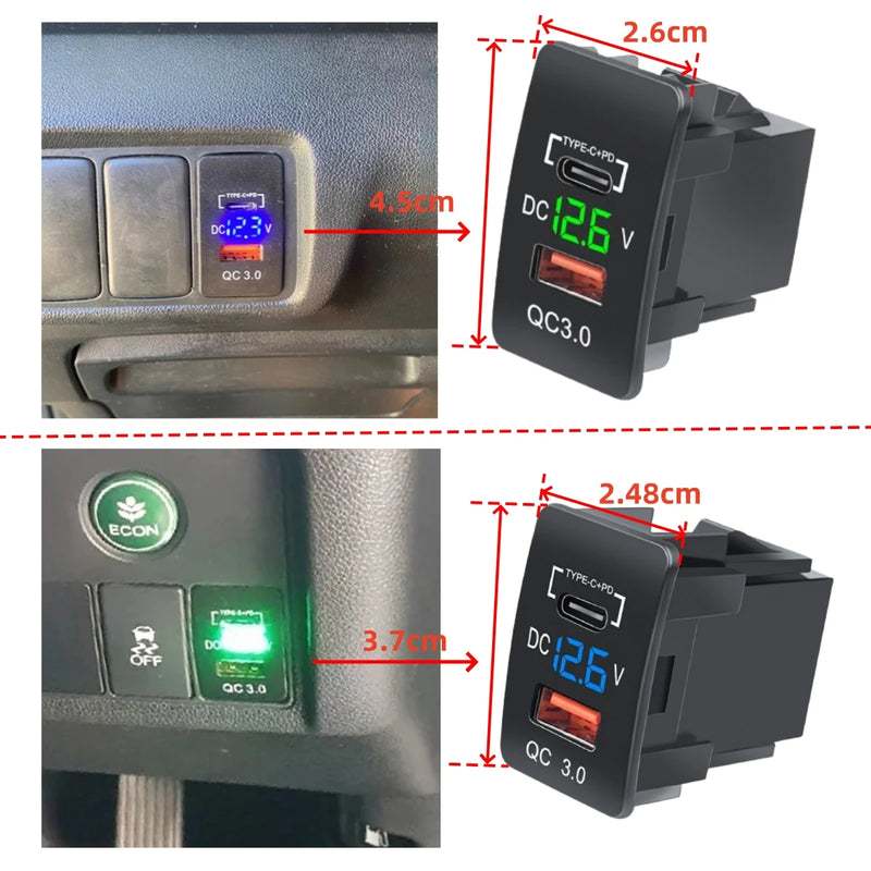 Universal Car In-Dash Charger Socket QC3.0 USB + PD3.0 Type-C Fast Charging for Old Honda 1 Pc