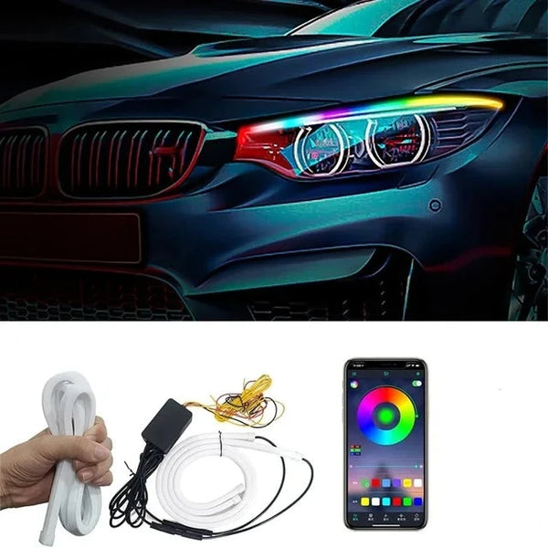 2pcs RGB LED Strip Light Daytime Running Flexible 60cm Multi Color Decorative Lamp Bluetooth App Controller Turn Signal Light Flowing Tube 12V Car Headlight