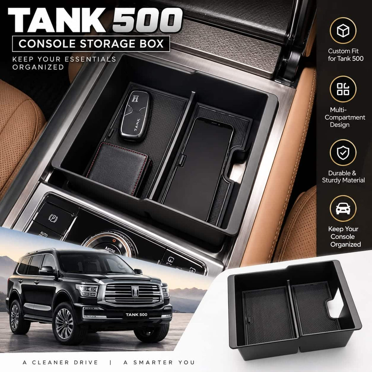 Tank 500 Centre Console Storage Box With Non-Slip Rubber Mats