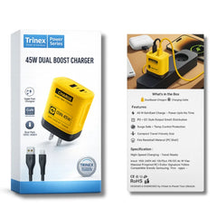 Trinex 45W Dual Boost Fast Charger with USB-C Cable Super Fast Charging