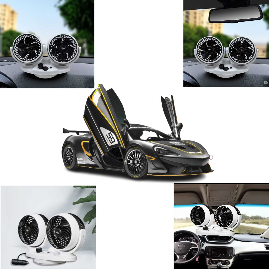1 Pc Universal 12V Double Head Big Size Fan In Premium Quality With Automatic Moving Function
