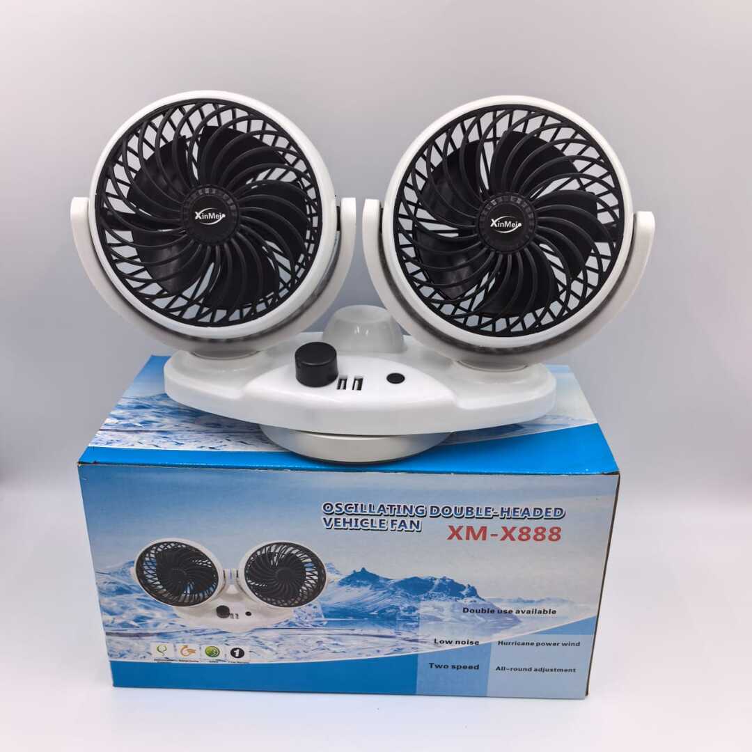 1 Pc Universal 12V Double Head Big Size Fan In Premium Quality With Automatic Moving Function