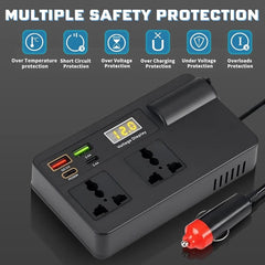 Universal 200W Car Inverter DC 12V/24V To 110V/220V Auto Power ON/OFF Switch Converter Adapter Intelligent Inverter With USB/PD/Type-C Chargers