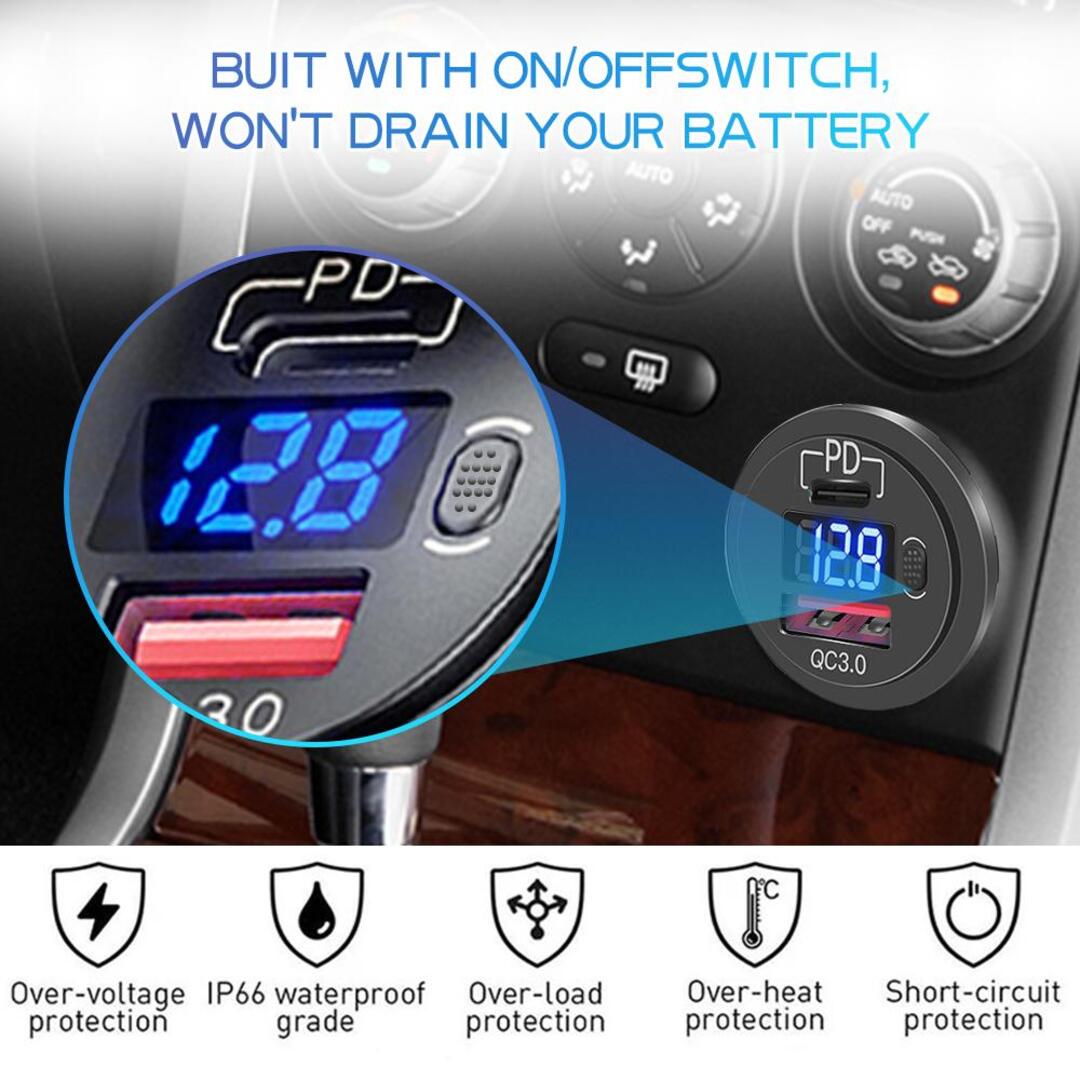 1 Pc Universal 60W PD Type C/QC 3.0 USB Charger Socket With Button Switch LED Voltmeter Fast Charging for 12V 24V