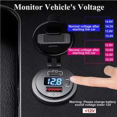 1 Pc Universal 60W PD Type C/QC 3.0 USB Charger Socket With Button Switch LED Voltmeter Fast Charging for 12V 24V