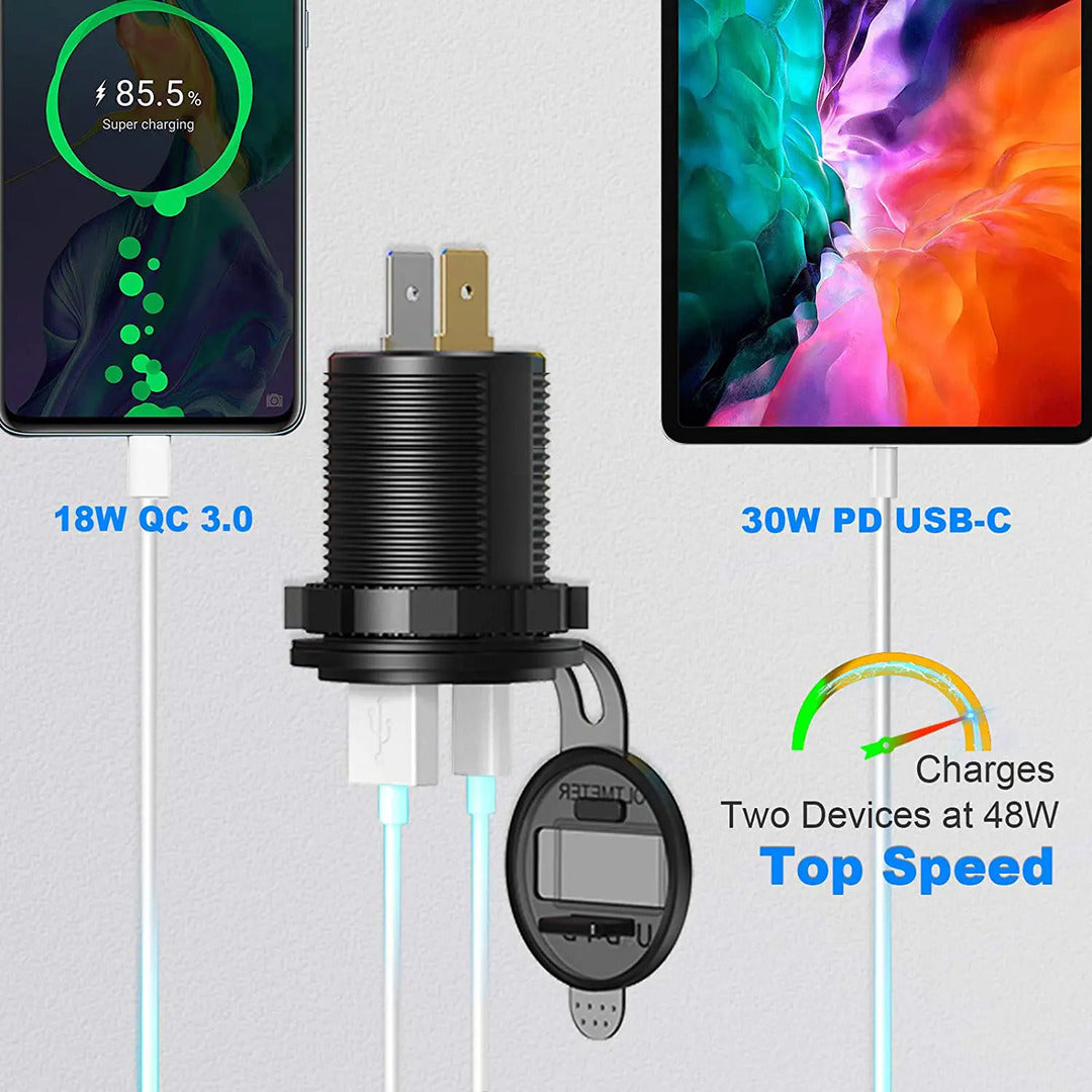 1 Pc Universal 60W PD Type C/QC 3.0 USB Charger Socket With Button Switch LED Voltmeter Fast Charging for 12V 24V