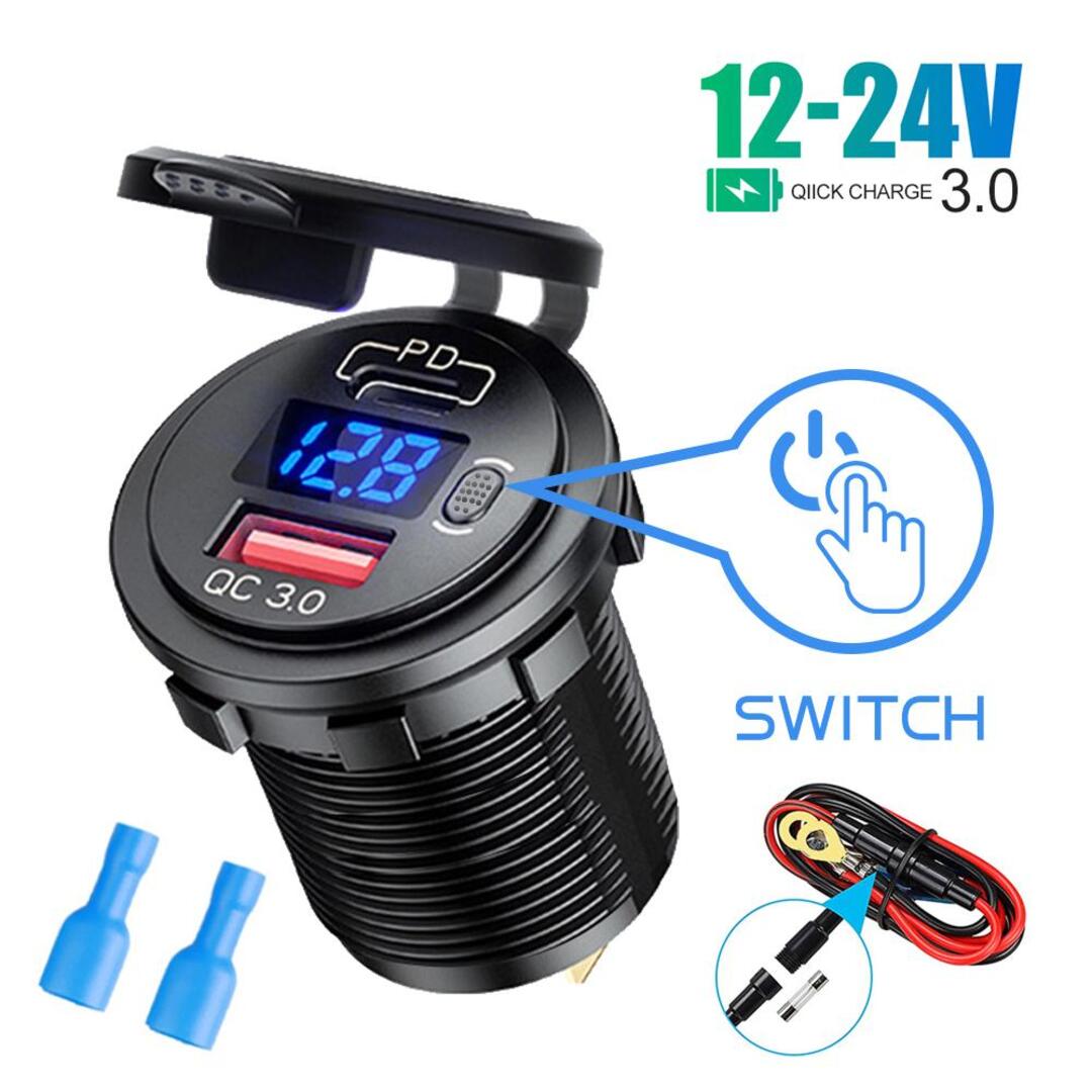 1 Pc Universal 60W PD Type C/QC 3.0 USB Charger Socket With Button Switch LED Voltmeter Fast Charging for 12V 24V