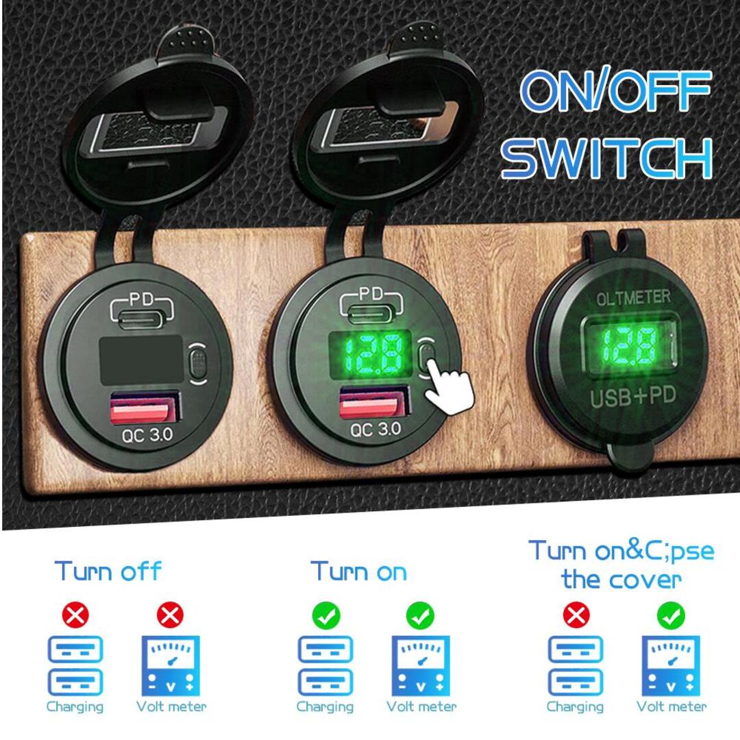 1 Pc Universal 60W PD Type C/QC 3.0 USB Charger Socket With Button Switch LED Voltmeter Fast Charging for 12V 24V