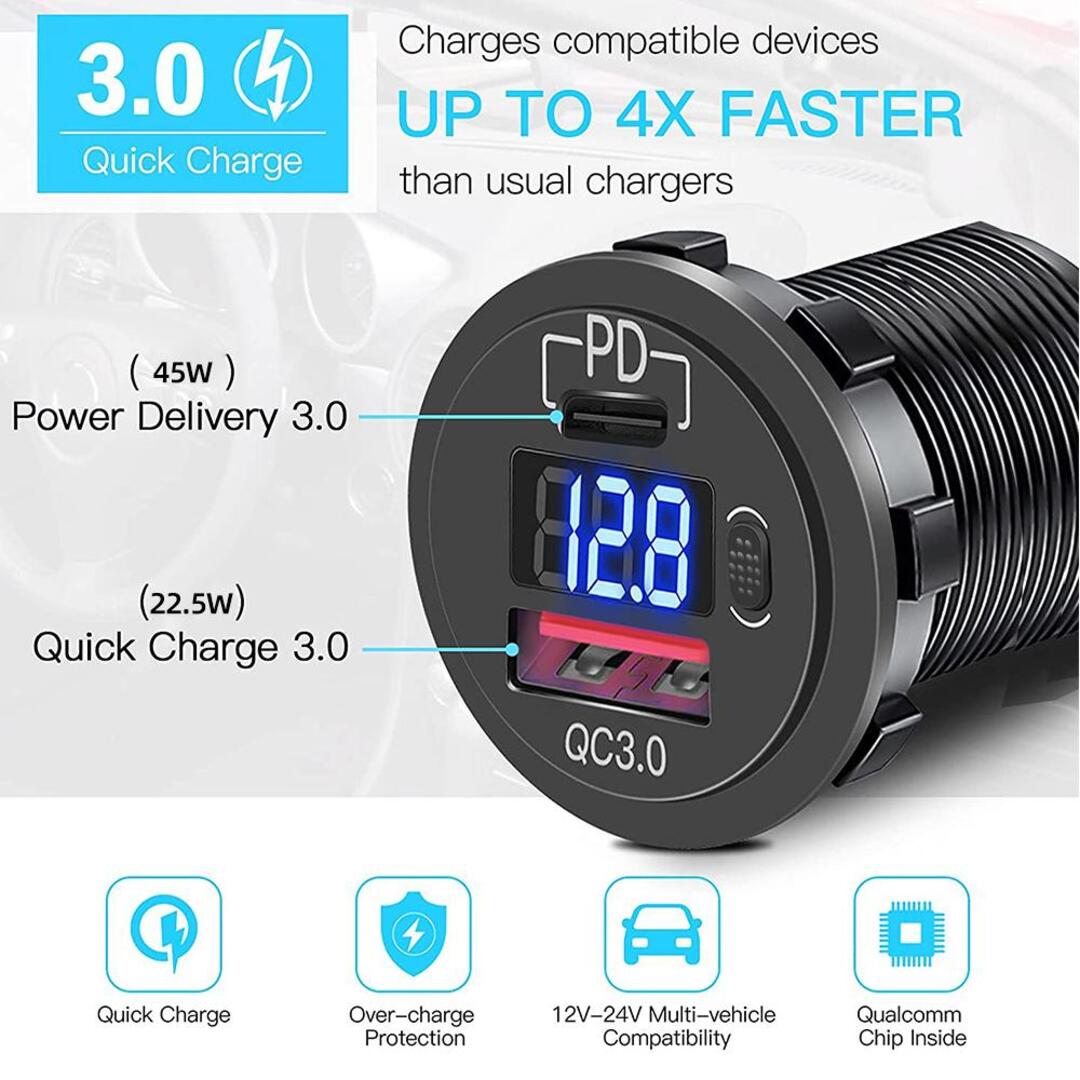 1 Pc Universal 60W PD Type C/QC 3.0 USB Charger Socket With Button Switch LED Voltmeter Fast Charging for 12V 24V