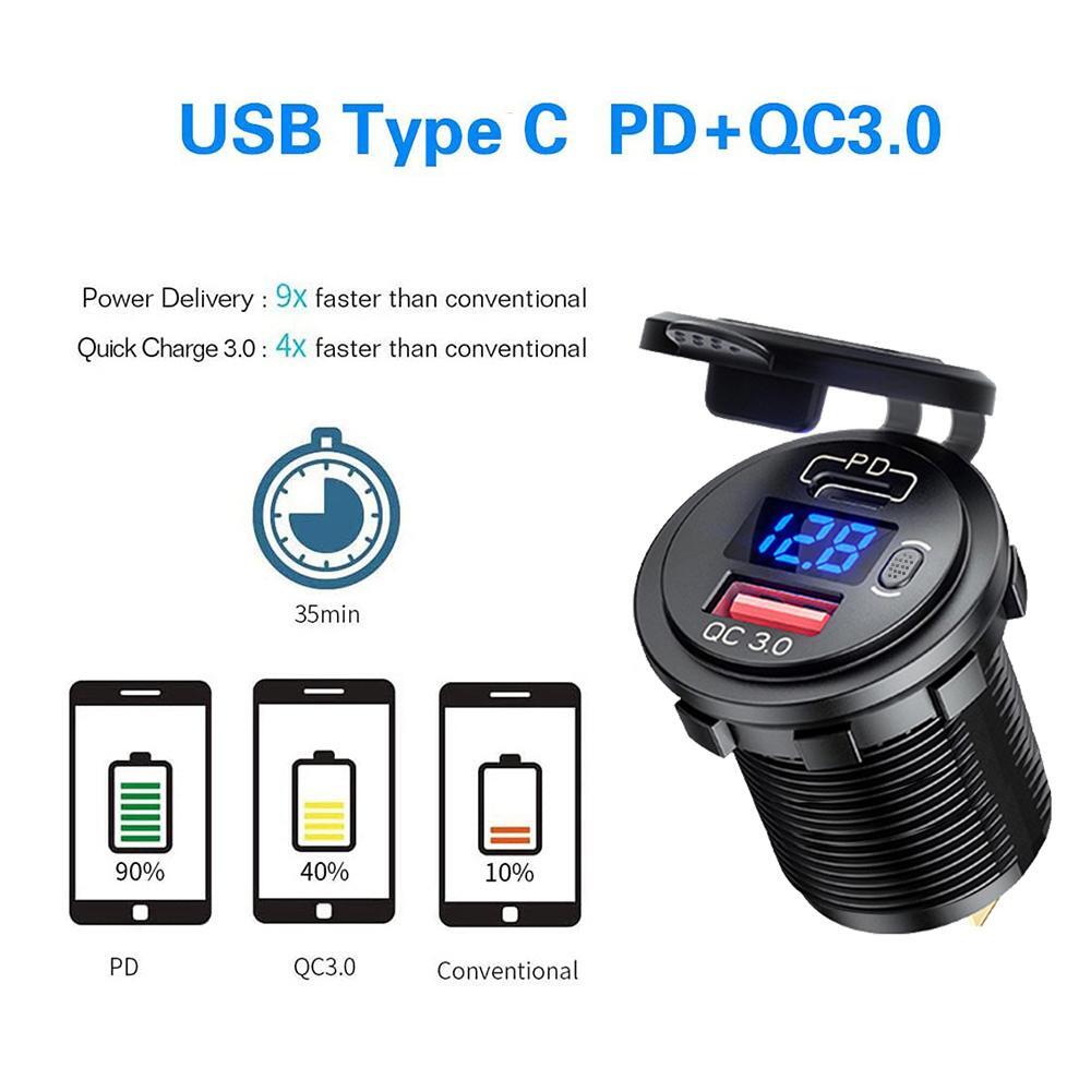 1 Pc Universal 60W PD Type C/QC 3.0 USB Charger Socket With Button Switch LED Voltmeter Fast Charging for 12V 24V