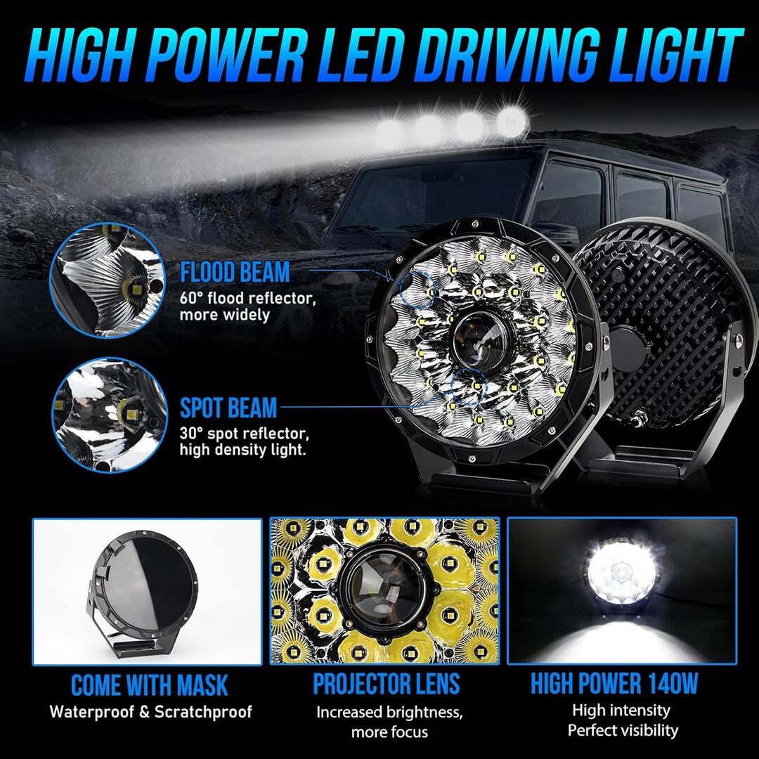 2 Pcs Set Universal 9 Inch Round Led Driving Light 280W Spot Flood Combo Beam Work Light Bar for Jeep Wrangler