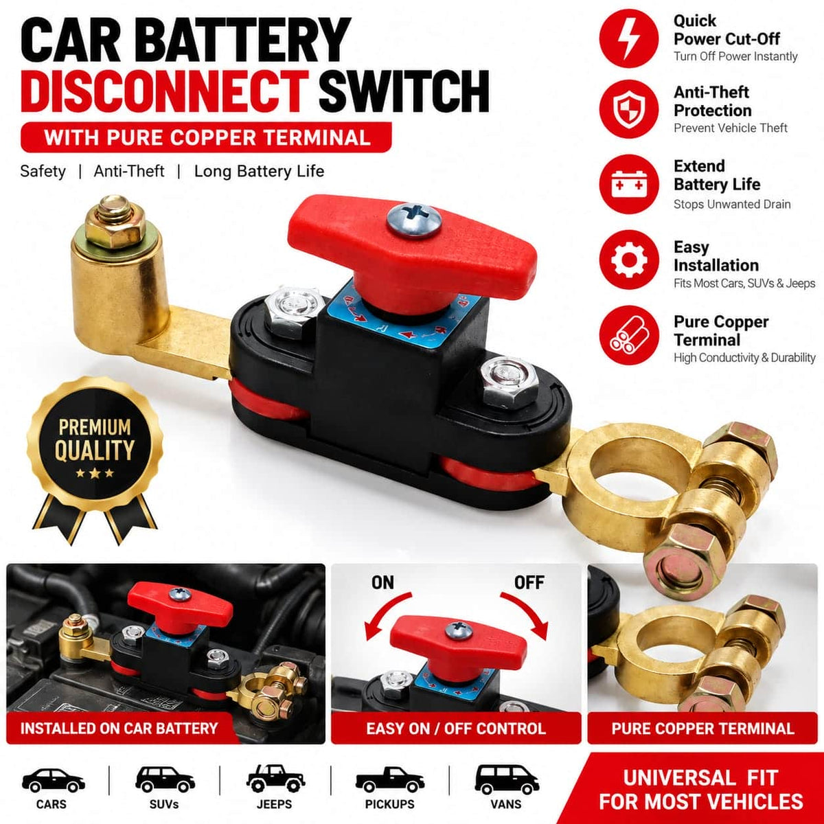 Universal Car Battery Disconnect Switch with Pure Copper Terminal – Heavy Duty Battery Cut-Off Switch
