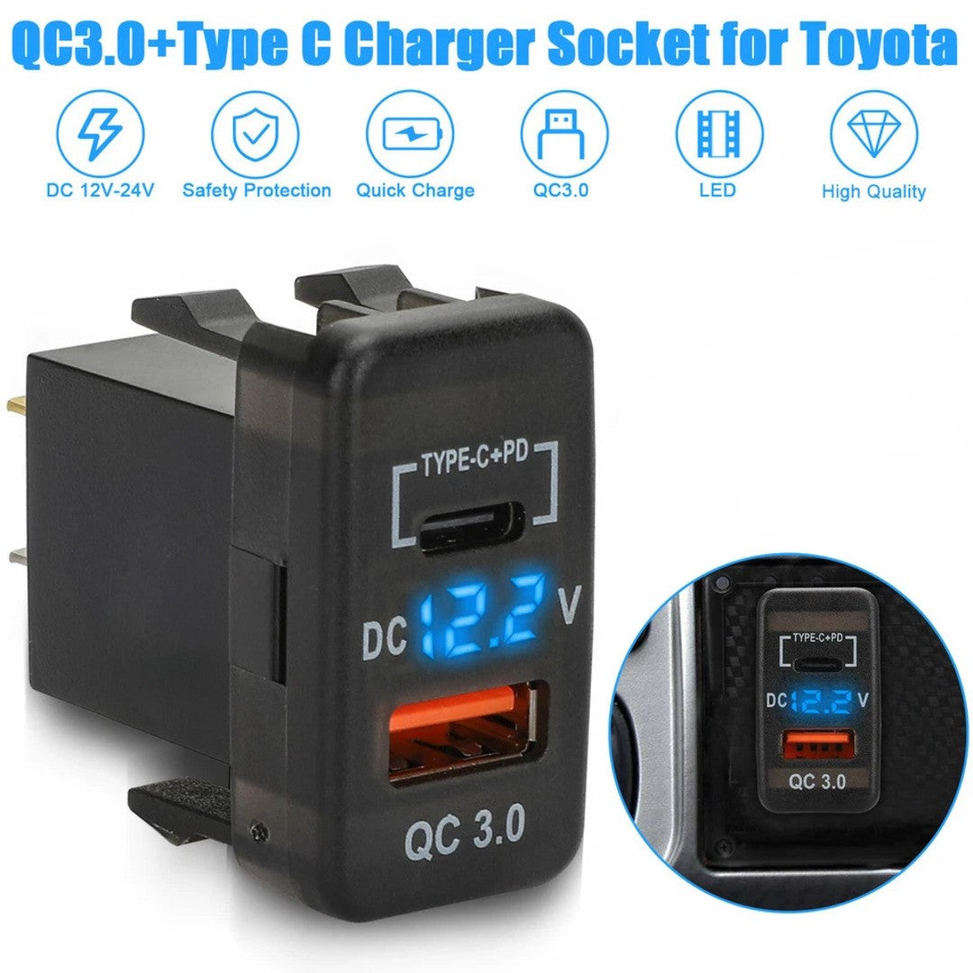 Universal Car In-Dash Charger Socket QC3.0 USB + PD3.0 Type-C Fast Charging For Toyota 1 Pc