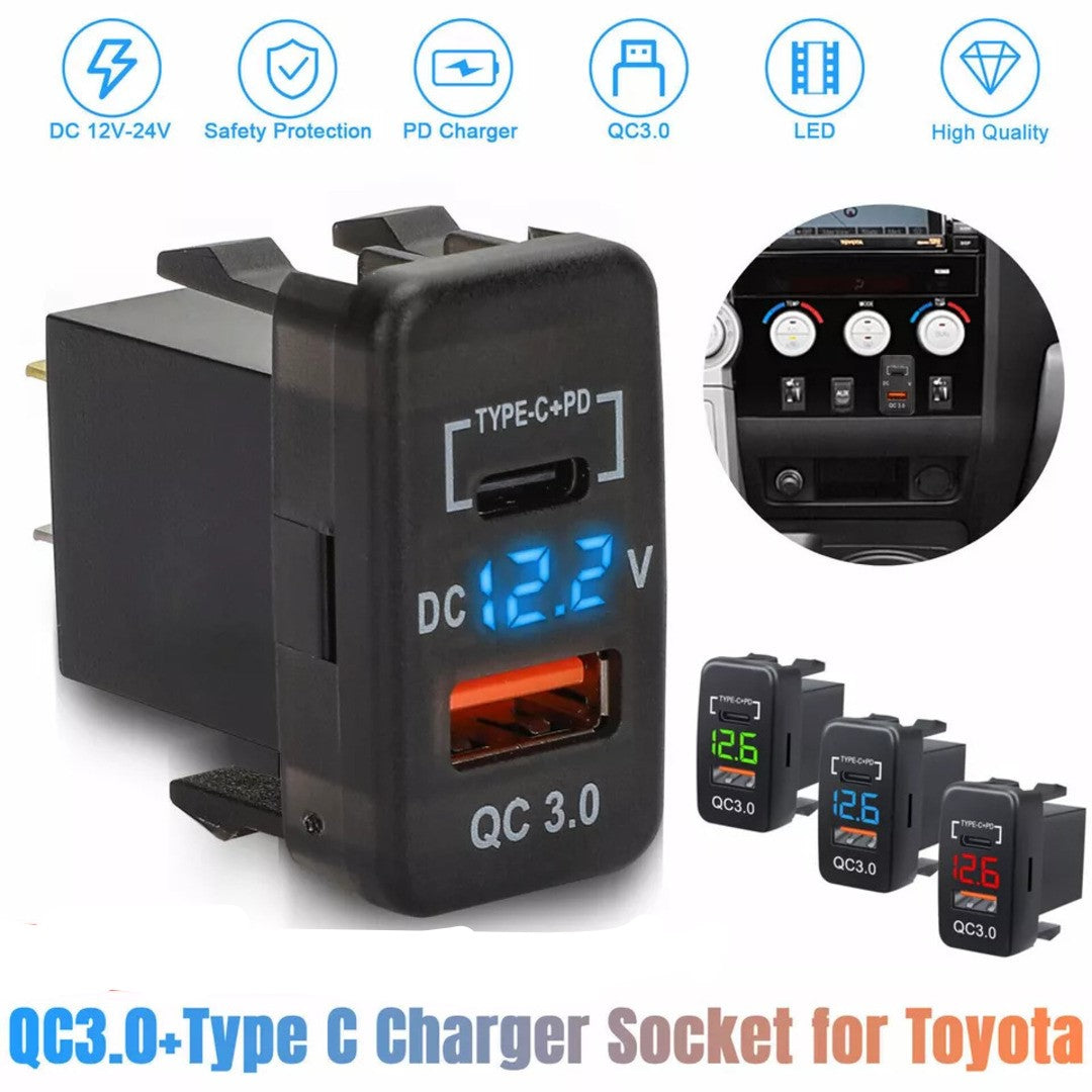 Universal Car In-Dash Charger Socket QC3.0 USB + PD3.0 Type-C Fast Charging For Toyota 1 Pc