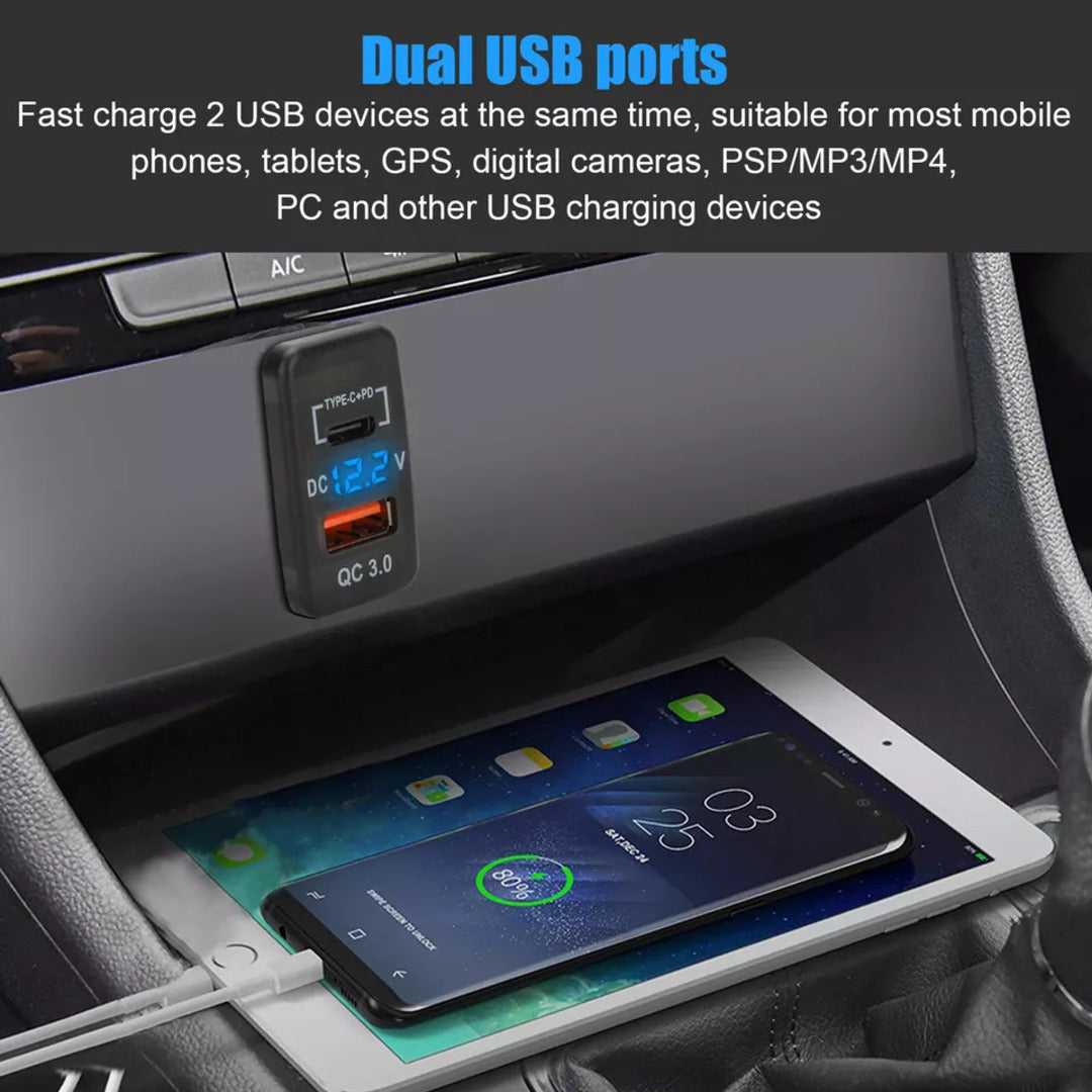 Universal Car In-Dash Charger Socket QC3.0 USB + PD3.0 Type-C Fast Charging For Toyota 1 Pc