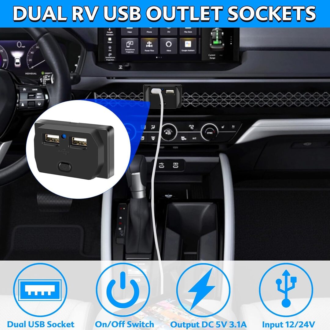 Universal Dual USB Socket Car Charger Quick Charge Socket Panel with Spring Cover And Switch 12V-24V 1 Pc