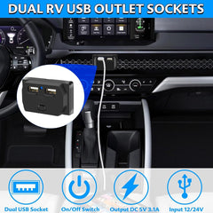 Universal Dual USB Socket Car Charger Quick Charge Socket Panel with Spring Cover And Switch 12V-24V 1 Pc