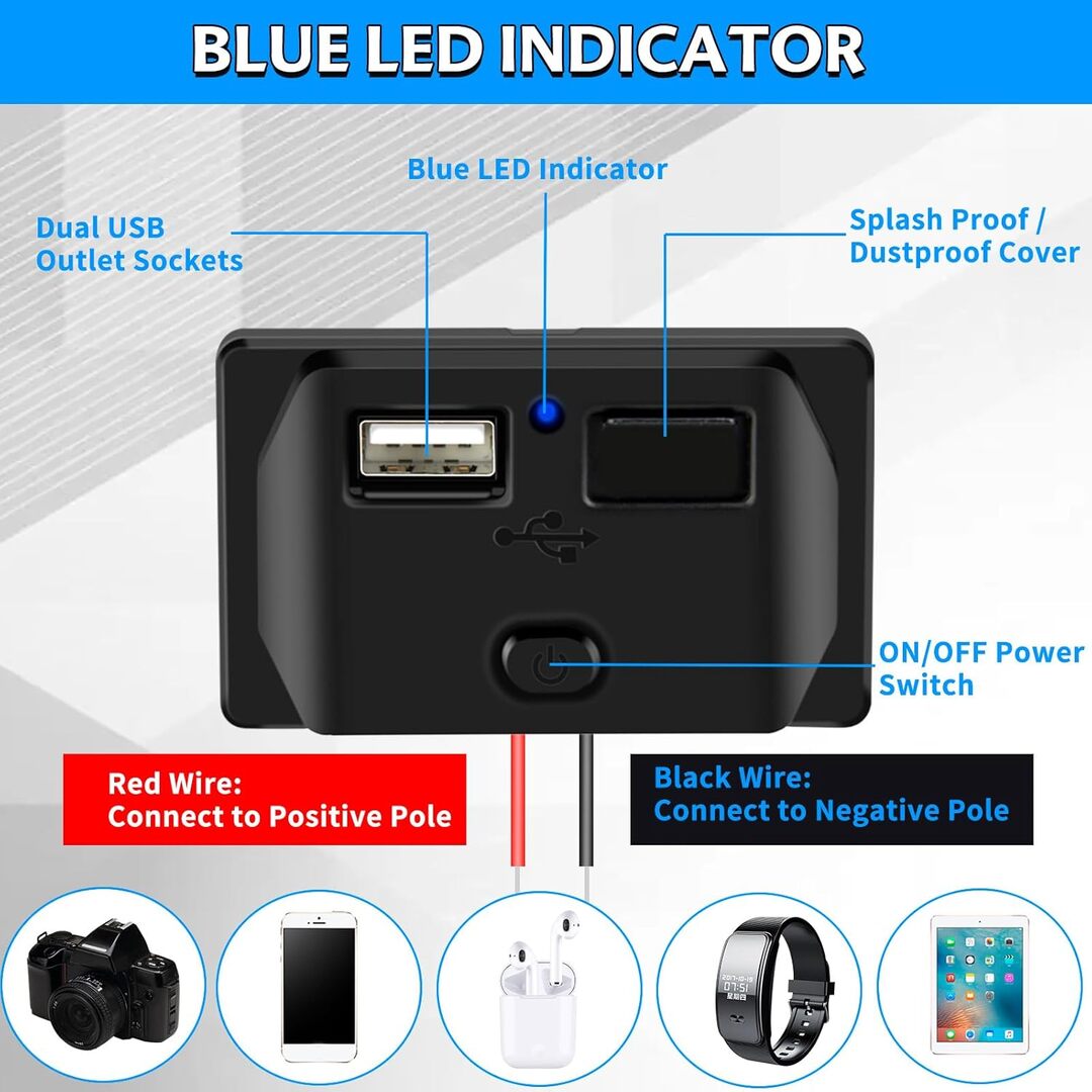 Universal Dual USB Socket Car Charger Quick Charge Socket Panel with Spring Cover And Switch 12V-24V 1 Pc
