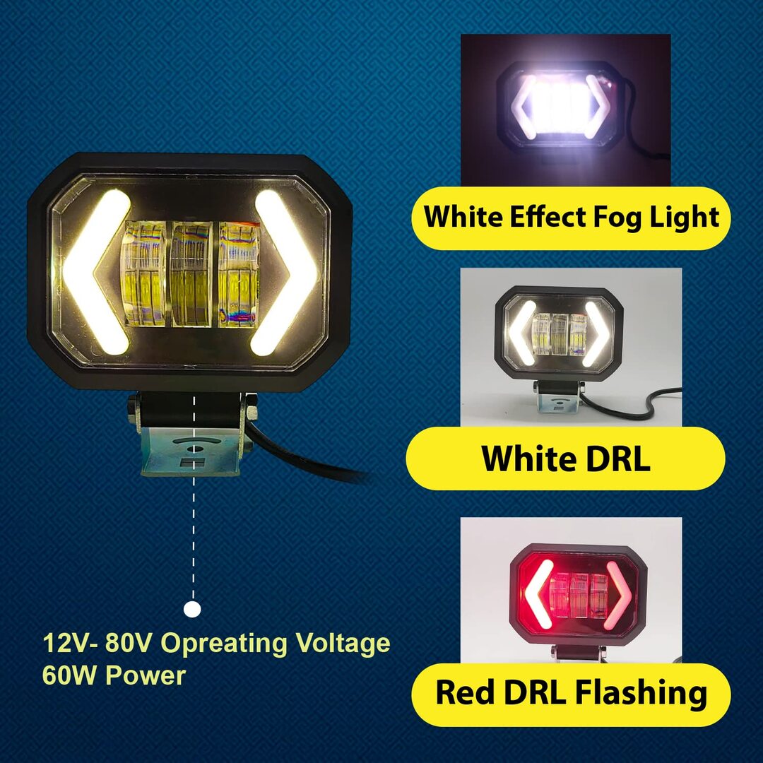 2 Pcs Set Universal HJG Arrow Style Bar Light Square Shape With Yellow / Red DRL For Car & Bikes