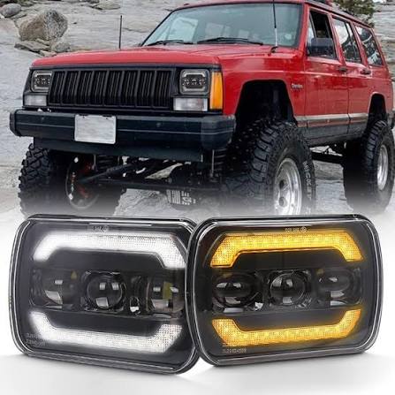 Universal Jeep LED Headlight Projector Amber Style 5x7 Square Sealed Beam With DRL Hi-Low 2 Pcs Set