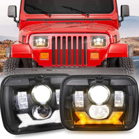 Universal Jeep LED Headlight Projector Shark Style 5x7 Square Sealed Beam With DRL Hi-Low 2 Pcs Set