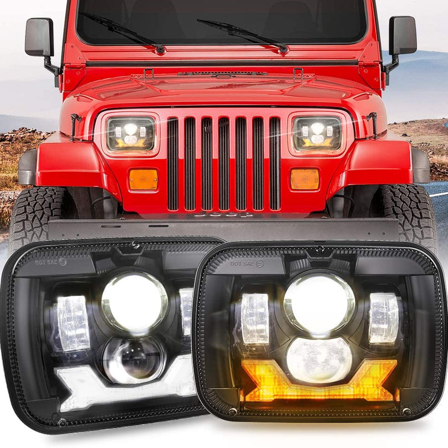 Universal Jeep LED Headlight Projector Shark Style 5x7 Square Sealed Beam With DRL Hi-Low 2 Pcs Set