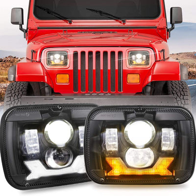 Universal Jeep LED Headlight Projector Shark Style 5x7 Square Sealed Beam With DRL Hi-Low 2 Pcs Set