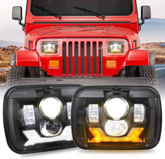 Universal Jeep LED Headlight Projector Shark Style 5x7 Square Sealed Beam With DRL Hi-Low 2 Pcs Set
